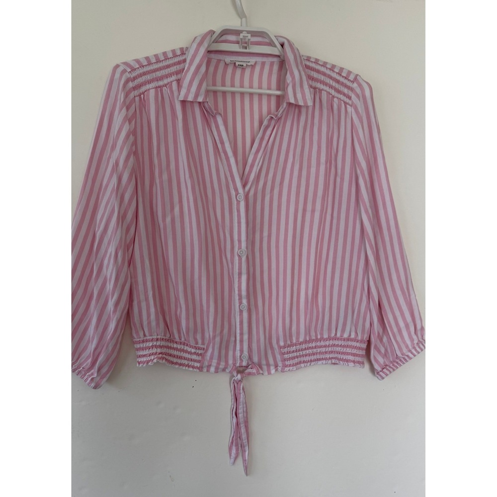 Beachlunchlounge Pink White Striped Smocked Tie Front Blouse Top Womens Medium